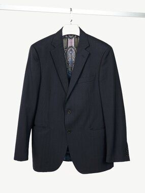 Etro Navy Herringbone Wool-Suiting Blazer